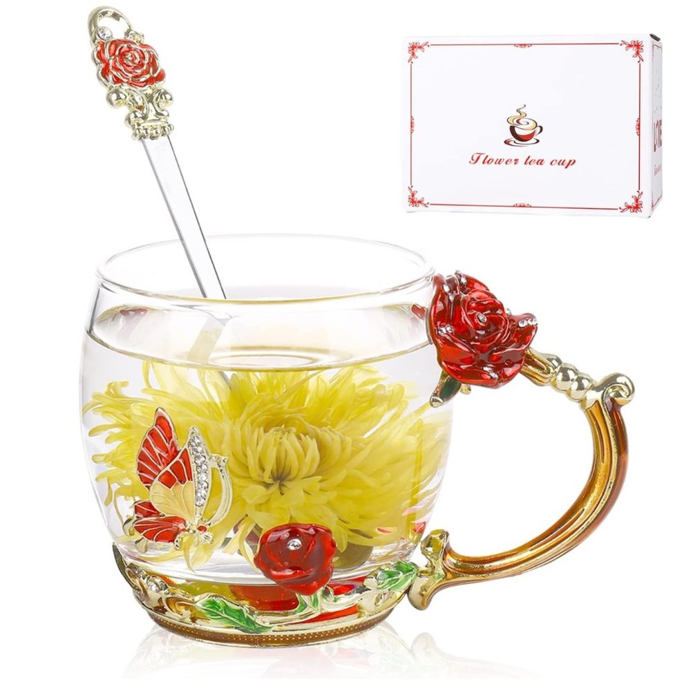 Butterfly Rose Glass Coffee Tea Cup